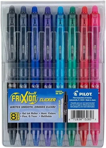 Pilot Frixion Clicker - Bolígrafo de gel borrable, retráctil, fino de 0.028 in, tinta y colores variados, paquete de 8