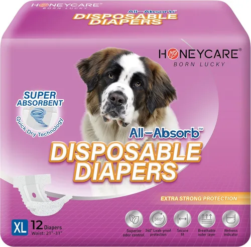 HONEY CARE Pañales desechables para perros XL, tamaño mejorado, 12 unidades, súper absorbentes, transpirables, con indicador de humedad