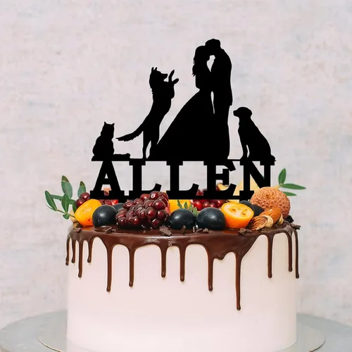 Miniatura 5 de Decoración para tartas de pareja con mascotas, dos perros y un gato, 5.9 pulgadas, acrílico, personalizable, fecha y nombre, novia y novio, tenedor