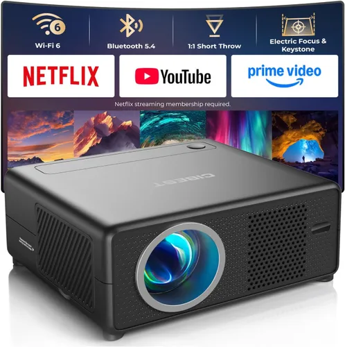 CiBest Mini proyector con WiFi y Bluetooth, compatible con Netflix/YouTube/PrimeVideo, enfoque eléctrico y Keystone, proyector de video Full HD