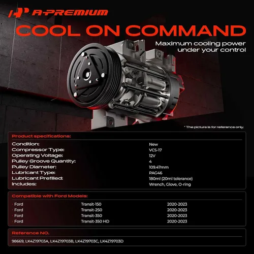 Miniatura 2 de A-Premium Compresor de aire acondicionado con embrague compatible con Ford Transit-150, Transit-250, Transit-350, Transit-350 HD, 2020 2021 2022 2023
