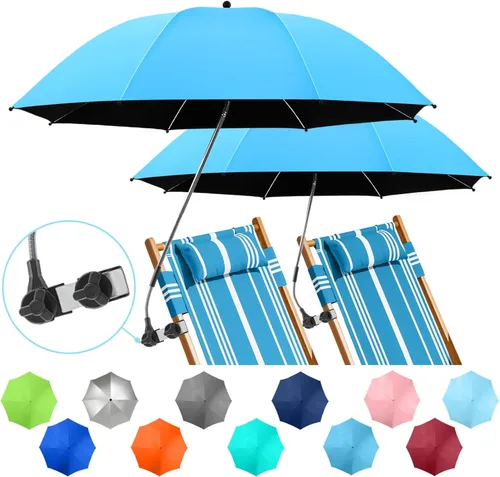 Miniatura 24 de Paquete de 2 paraguas de playa con abrazadera, paraguas ajustable de 360° para silla, paraguas UPF50+ para silla de playa, silla de patio, silla