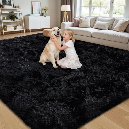 Miniatura 4 de Alfombra de Área de 8 x 10 pies para Sala de Estar: Alfombras Negras Ultra Suaves y Esponjosas Shag, Alfombra Grande de Felpa Difusa Antideslizante