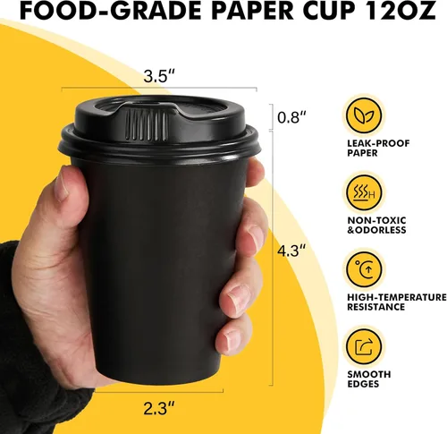 Miniatura 2 de RACETOP Tazas de café de papel de 12 onzas, paquete de 100 tazas de café desechables negras con tapas, tazas de papel caliente con tapas, taza