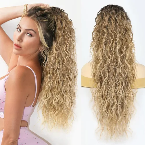 Miniatura 14 de Extensión de cola de caballo con cordón, extensión de cola de caballo larga y rizada para mujeres negras, extensiones de cabello negro de 26