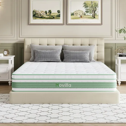 Novilla Colchón híbrido Queen de 14 pulgadas, colchón híbrido Queen para aislamiento de movimiento, espuma viscoelástica de gel con alivio de Blanco