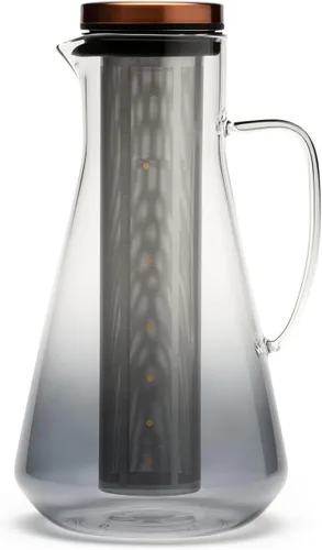 Jarra de infusión fría Sio – 54 fl oz / 1600 mL de vidrio borosilicato con colador de acero inoxidable 316 microfino y tapa chapada en cobre,