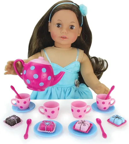 Miniatura 2 de Sophia's Juego de té de lunares de 17 piezas con tetera y tazas más cuatro pasteles detallados Petit Four para muñecas de 18 pulgadas, rosa/azul