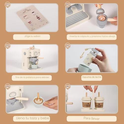 Miniatura 5 de Pithfor - Juego de simulación de café de madera para niños con molinillo, juguete de cafetera para niños y niñas, accesorios y electrodomésticos