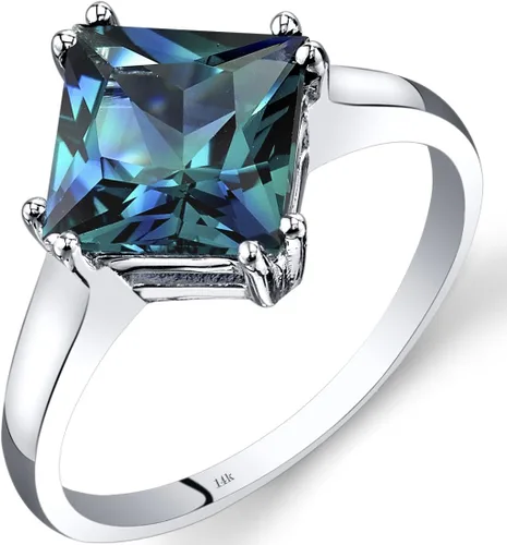 Peora Anillo solitario clásico de Alejandrita creado para mujer en oro blanco de 14 quilates, cambio de color de corte princesa de 2.75 quilates de