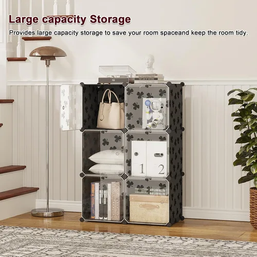 Miniatura 8 de C&AHOME Organizador de almacenamiento en cubos con puertas, estantes de 6 cubos, estantería modular de plástico DIY, estantería de almacenamiento