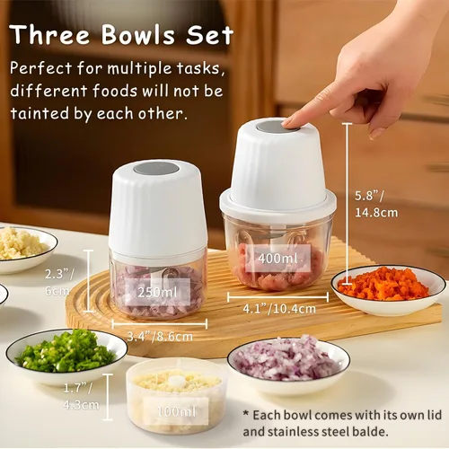 Miniatura 2 de Mini procesador de alimentos inalámbrico con múltiples 3 cuencos (13.5 fl oz+8.5 fl oz+3.4 fl oz) y 6+3+2 cuchillas, picadora de ajo, picadora
