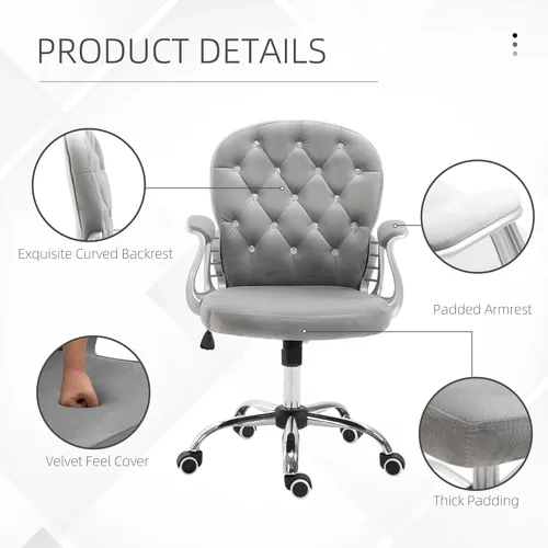 Miniatura 6 de Vinsetto Silla de oficina en casa de terciopelo, silla de escritorio con botones copetudos con reposabrazos acolchados, altura ajustable y ruedas
