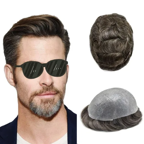 Miniatura 19 de Pieza de pelo para hombre Toupee pelo humano real tupé para hombres piezas de pelo sistema de reemplazo para hombres piel ultra fina 0.002 in 17#