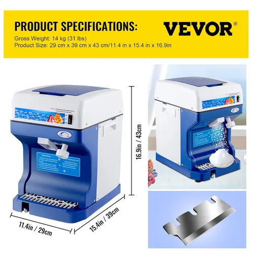 Miniatura 8 de VEVOR Máquina eléctrica de 110V para hielo raspado, máquina para hacer conos de nieve de 500W, de mesa con textura de hielo ajustable, máquina