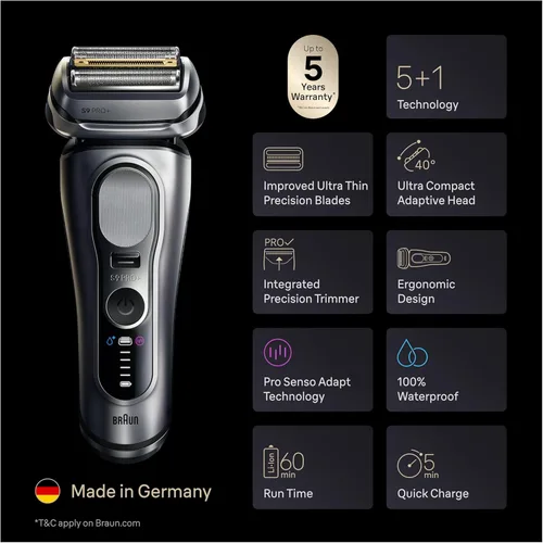 Miniatura 2 de Braun Afeitadora eléctrica Series 9 PRO+, maquinilla de afeitar húmeda y seca, Pro SensoAdapt, centro inteligente 6 en 1, 9697CC, plata