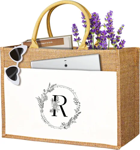 Miniatura 4 de JUSTOTRY Bolsa de mano con inicial, yute natural, grande, 13 onzas, personalizada, bolsa de lona con monograma, regalo para mujer