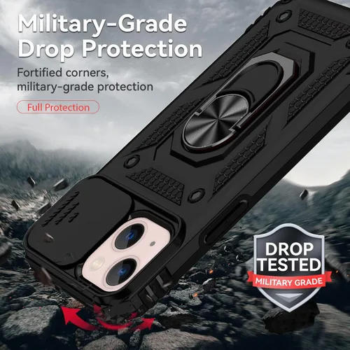 Miniatura 3 de Funda para iPhone 13, con cubierta para lente de cámara, protector de pantalla HD, [grado militar] anillo de montaje en coche con soporte híbrido