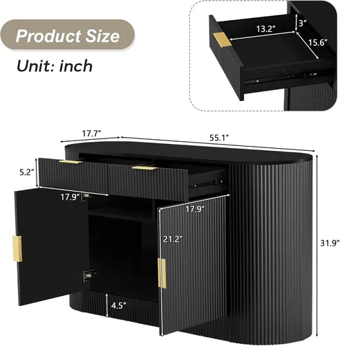 Miniatura 2 de VilroCaz Aparador de armario de almacenamiento curvado con 2 puertas y 2 cajones, mesa consola de entrada de madera de 55 pulgadas con puerta