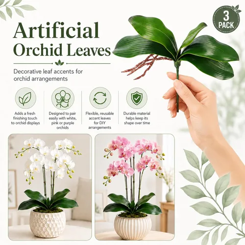 Miniatura 4 de Miracliy Orquídeas falsas, paquete de 3 hojas de orquídeas artificiales, tallos de vegetación sintética para jarrón, estante, escritorio, decoración