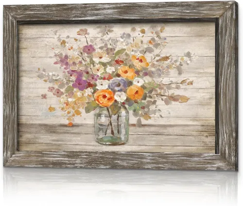 Miniatura 10 de Arte de pared enmarcado floral abstracto, pintura de flores blancas rústicas, ramo botánico en jarrón, impresiones de plantas, obras de arte