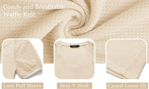Miniatura 5 de MEROKEETY - Blusa de manga corta con cuello en V y encaje de verano para mujer