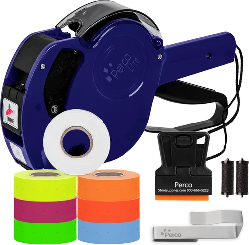 Miniatura 10 de Perco Lite - Pistola de precio de 1 línea con etiquetas, el kit incluye 3 rollos blancos, 3 rollos azules, 2 rodillos de tinta, 1 rollo de tinta