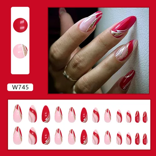 Miniatura 2 de Uñas postizas a presión de color rojo vino brillante, uñas postizas largas de almendra, uñas postizas onduladas doradas irregulares con pegamento
