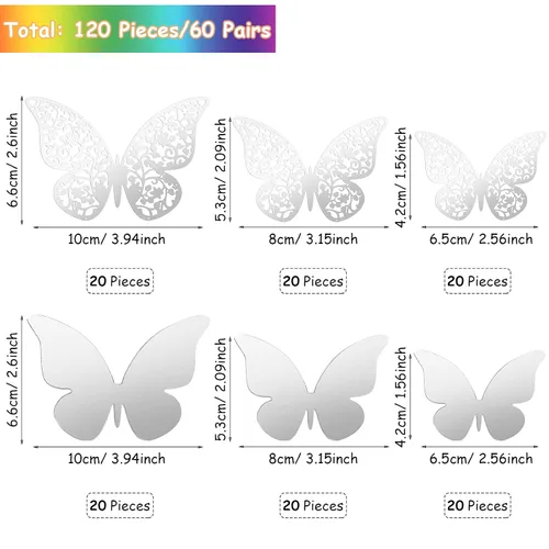 Miniatura 2 de Outus 120 piezas de decoración de pared de mariposas en capas 3D con lentejuelas plateadas, calcomanías de mariposa extraíbles, calcomanías de mural