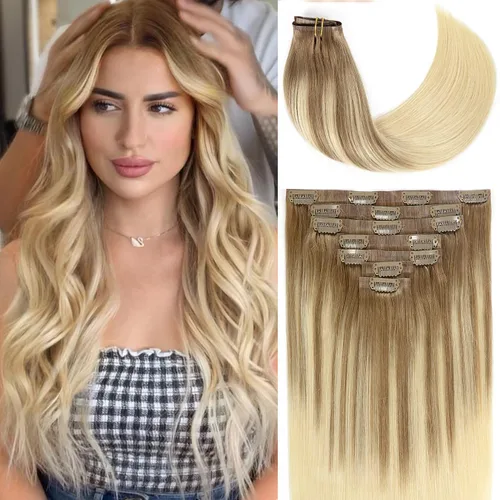 Miniatura 46 de Loxxy Extensiones de cabello humano con clip, sin costuras, 22 pulgadas, color marrón oscuro a castaño oscuro y marrón oscuro, 7 piezas