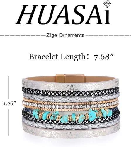 Miniatura 7 de HUASAI Pulsera bohemia de piel sintética para mujer, joyería de turquesa occidental multicapa