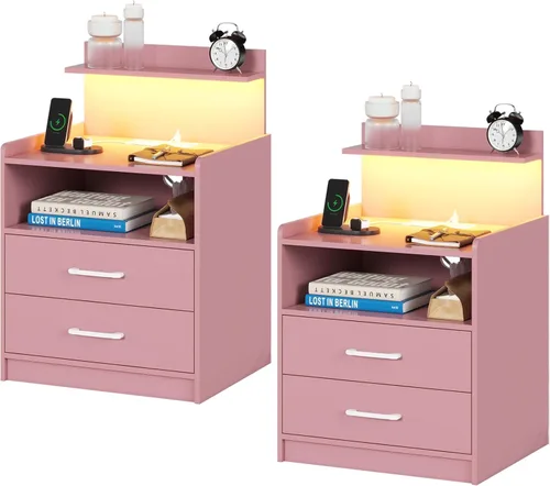 Miniatura 8 de Mesita de noche LED con estación de carga, mesita de noche con 2 cajones y almacenamiento abierto, mesa de noche con luces LED, mesa auxiliar Negro