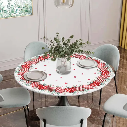 Miniatura 24 de Mantel ajustado redondo de Navidad con Poinsettia, mantel de lino retro de Navidad impermeable para mesa circular, mantel circular elástico de Rojo