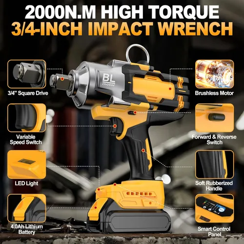 Miniatura 8 de Llave de impacto inalámbrica de 3/4" para batería De-Walt de 20V, 1475 libras-pie (2000 N.m) de alto torque, pistola de impacto de servicio pesado