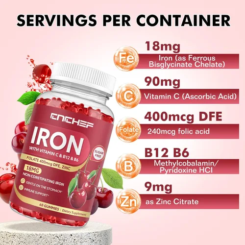 Miniatura 3 de Suplemento de hierro para mujeres y hombres, suplemento multivitamínico de hierro constructor de sangre con folato, vitamina C, B12, B6, zinc