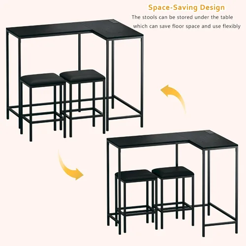 Miniatura 7 de HUAHUU Juego de mesa de bar y sillas para 2-4, mesa de cocina convertible en forma de L de 63 pulgadas con tomas de corriente, mesa de comedor