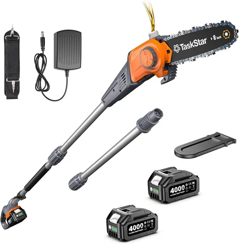 Miniatura 11 de TaskStar Sierra de poste 2 en 1 para recorte de árboles, motosierra mini inalámbrica de 8 pulgadas con poste extensible, motor sin escobillas, con 2