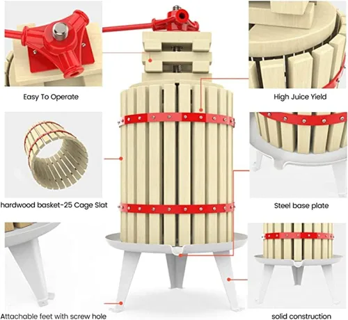 Miniatura 4 de Prensa de vino de frutas de 4.8 galones/18 litros, prensa manual de uva de hierro fundido para elaboración de vino, cesta de madera 100% natural