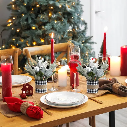 Miniatura 5 de 2 piezas de centro de mesa de Navidad a cuadros de búfalo árbol de mesa de Navidad, mini decoración artificial de mesa, centro de mesa pequeño