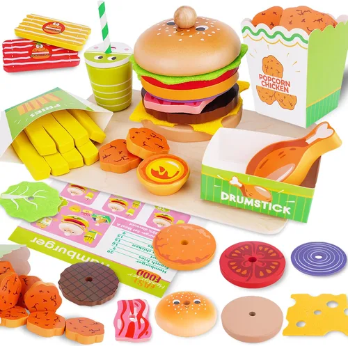 Montessori Toys - Juego de comida de juguete para niños de 3, 4 y 5 años, cocina de madera de juego de comida rápida con hamburguesas, papas fritas,