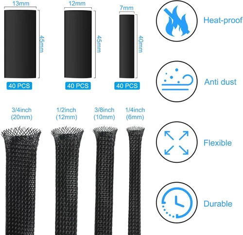 Miniatura 2 de Tatuo Funda de cable trenzada expandible de 65.6 pies, funda de alambre trenzado de varios tamaños con 120 tubos termorretráctiles para televisión