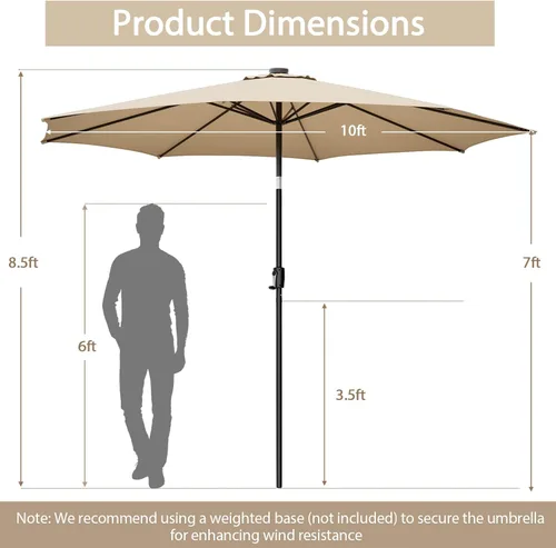 Miniatura 6 de Giantex Sombrilla de patio de 10 pies con 112 luces solares de lluvia de meteoritos, sombrilla de mercado para mesa al aire libre con 8 varillas