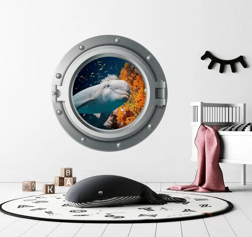 Miniatura 2 de Niwo ART - Calcomanía 3D de delfín A, ojo de buey marino bajo el agua, adhesivo de pared autoadhesivo para despegar y pegar (12 pulgadas)