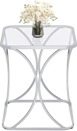 Miniatura 13 de Mesa auxiliar cuadrada de 19.68 pulgadas con parte superior de vidrio templado, elegante marco de metal en forma de X, mesa auxiliar para sala