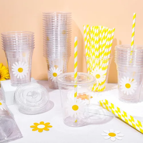 Miniatura 4 de Whaline 50 piezas de tazas de plástico desechables lindas con tapa y pajita de margarita de 12 oz, tazas de bebidas frías para suministros