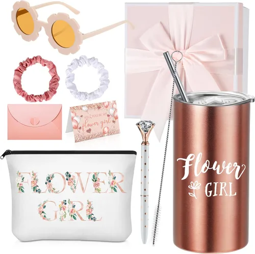 Sieral Juego de 9 regalos de propuesta para niña de las flores, vaso personalizado con pajita, caja de regalo para novia, bolsa de lona, lentes de