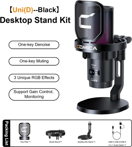 Miniatura 7 de COMICA Ejoy Uni(D) Micrófono USB para juegos con cancelación de ruido, luces RGB, monitoreo, silenciamiento, micrófono de transmisión