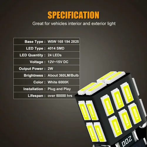 Miniatura 3 de 24-LEDs 360° Lighting T10 194 2825 Bombilla LED blanca 6000K 12V Super brillante 158 160 168 175 W5W 168NA 194NA Reemplazo para vehículo