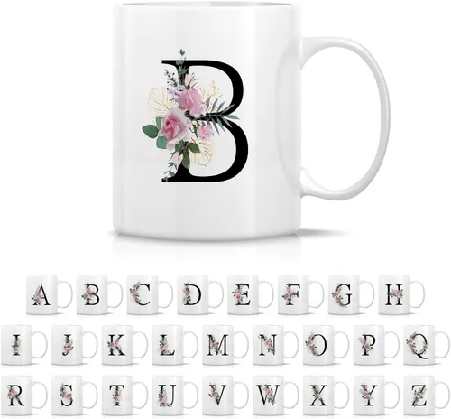 Miniatura 27 de Retreez Ramo botánico floral inicial A-Z con monograma, taza con monograma de cerámica de 11 onzas, regalo de agradecimiento de agradecimiento