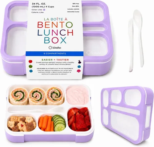 Miniatura 18 de Contenedor de lonchera Bento-Box para niños, niñas, mujeres, kit de 6 compartimentos para porciones escolares, cajas de comida o aperitivos para Rosa
